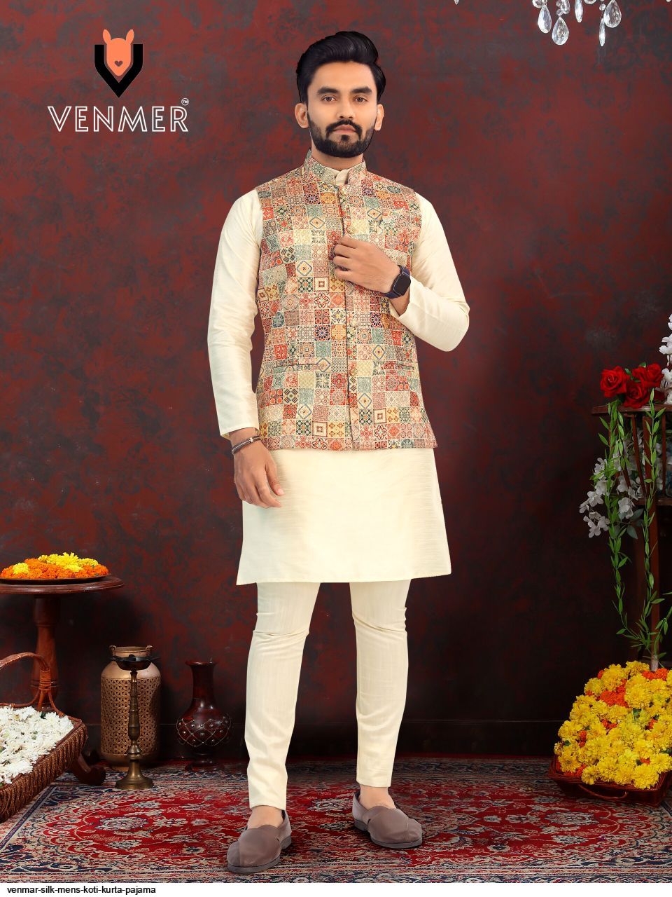 VENMER SILK MENS KOTI KURTA PAJAMA E