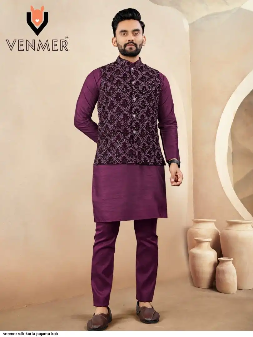 VENMER SILK KURTA PAJAMA KOTI C
