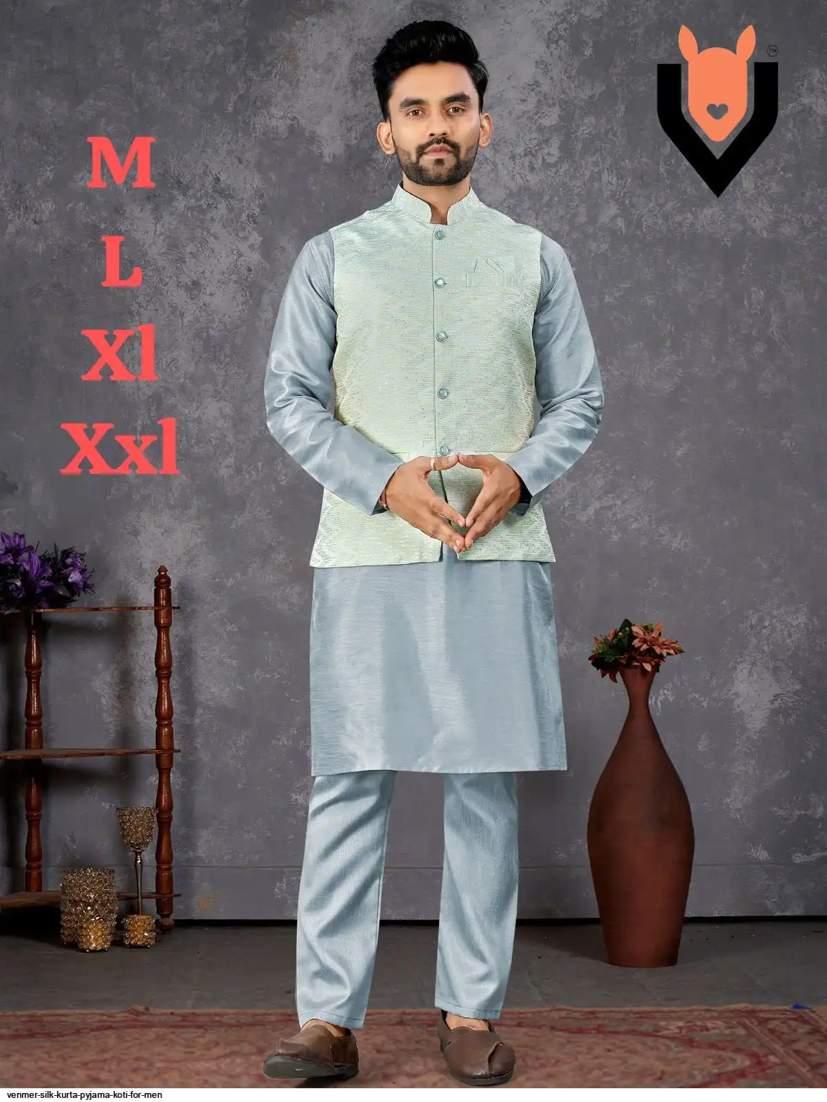 VENMER SILK KURTA PYJAMA KOTI FOR MEN B