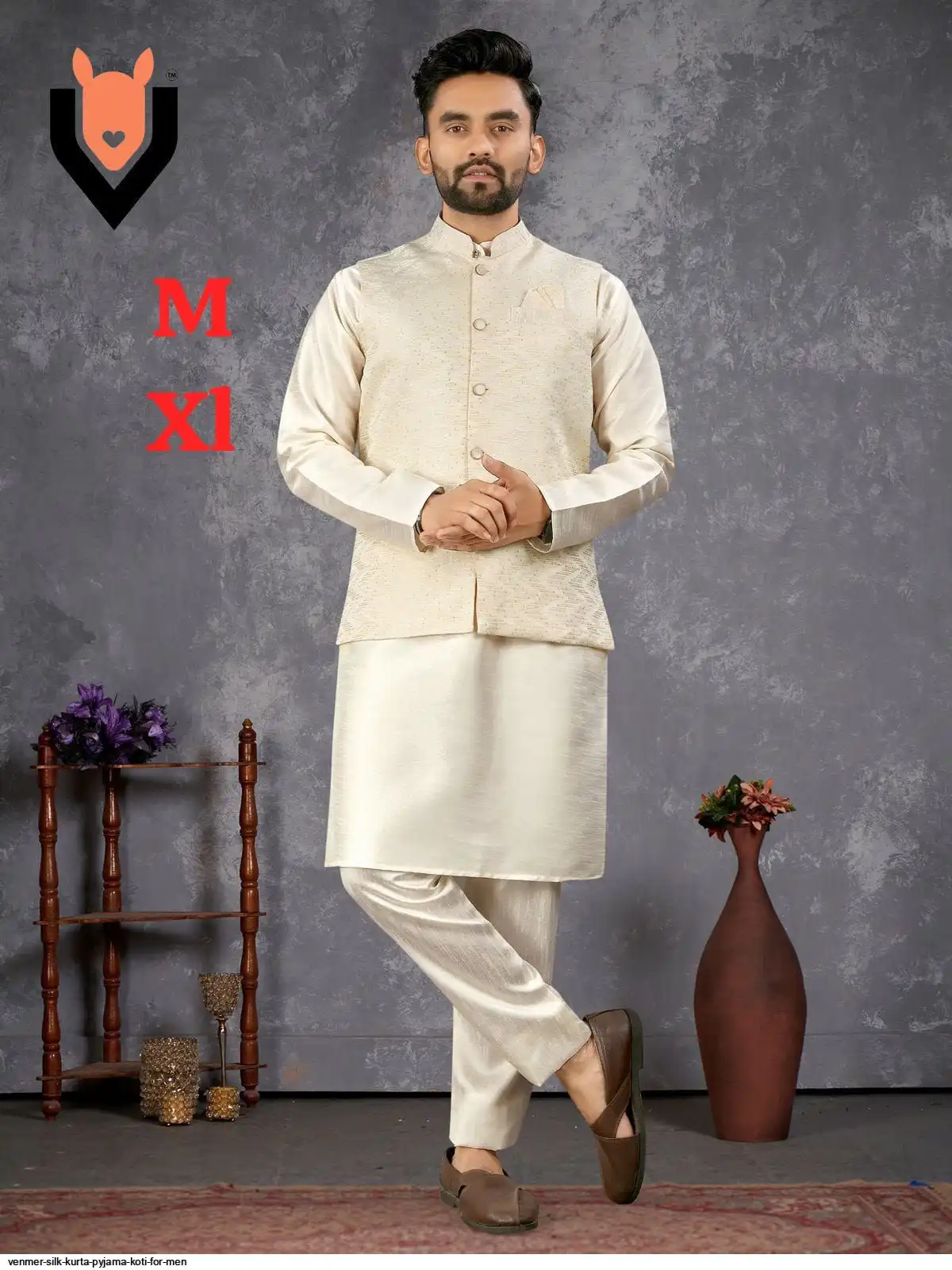 VENMER SILK KURTA PYJAMA KOTI FOR MEN D