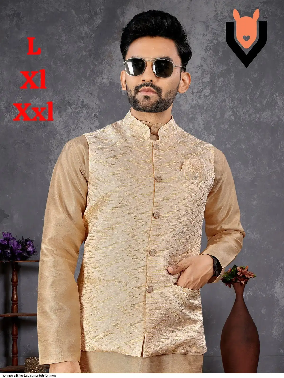 VENMER SILK KURTA PYJAMA KOTI FOR MEN C