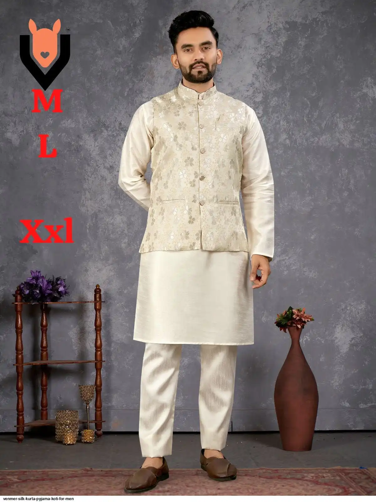 VENMER SILK KURTA PYJAMA KOTI FOR MEN E