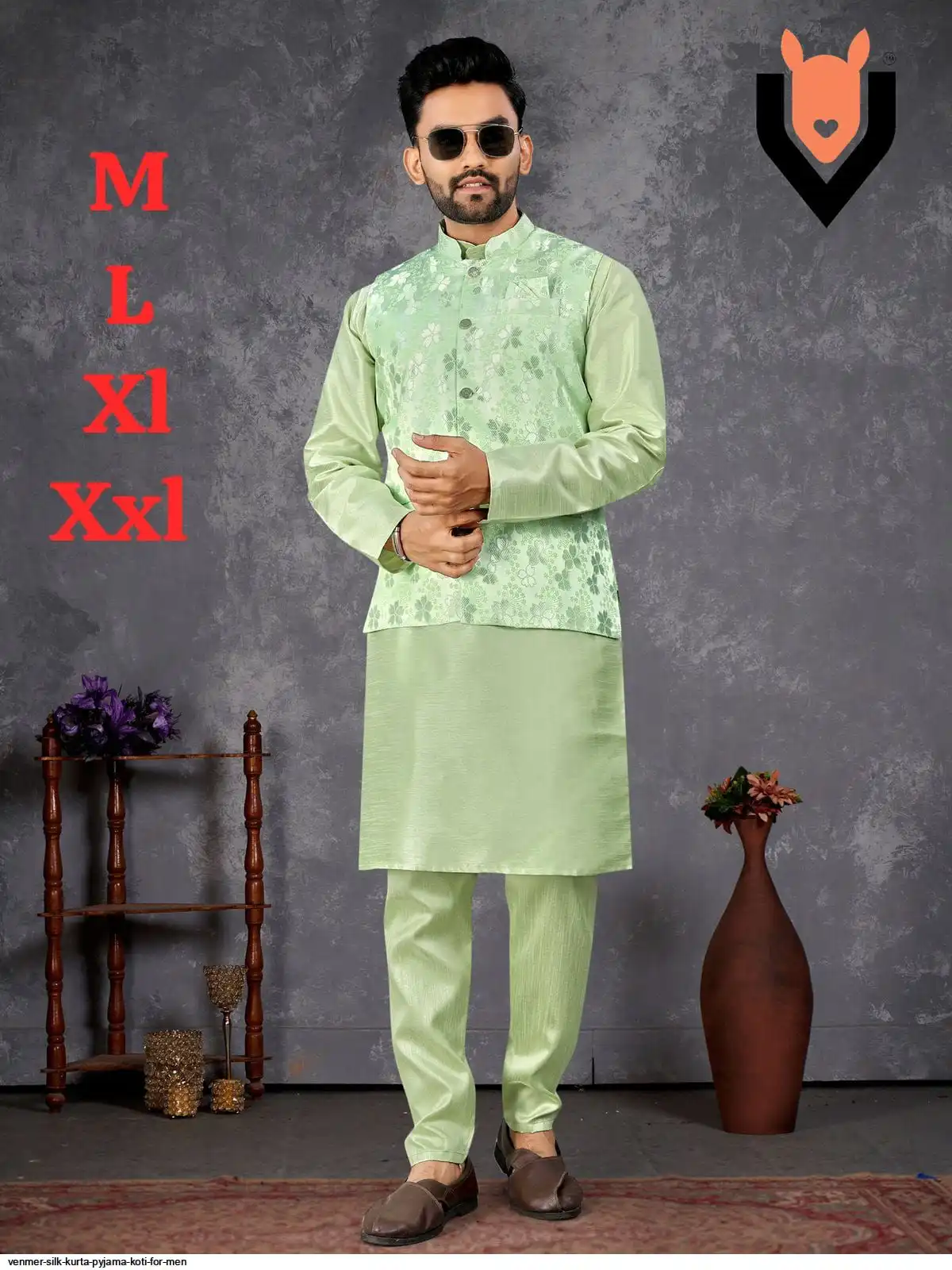 VENMER SILK KURTA PYJAMA KOTI FOR MEN F
