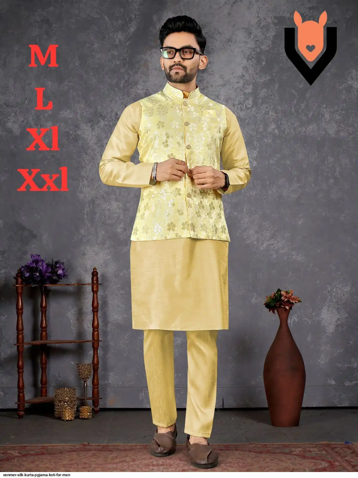 VENMER SILK KURTA PYJAMA KOTI FOR MEN G