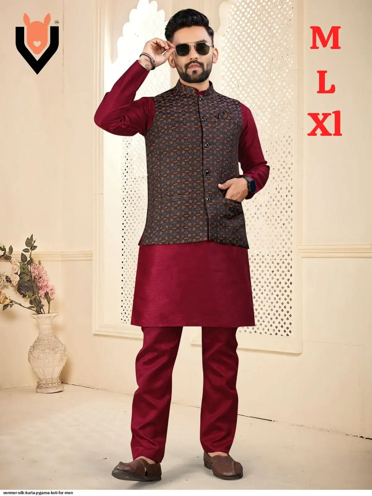 VENMER SILK KURTA PYJAMA KOTI FOR MEN H