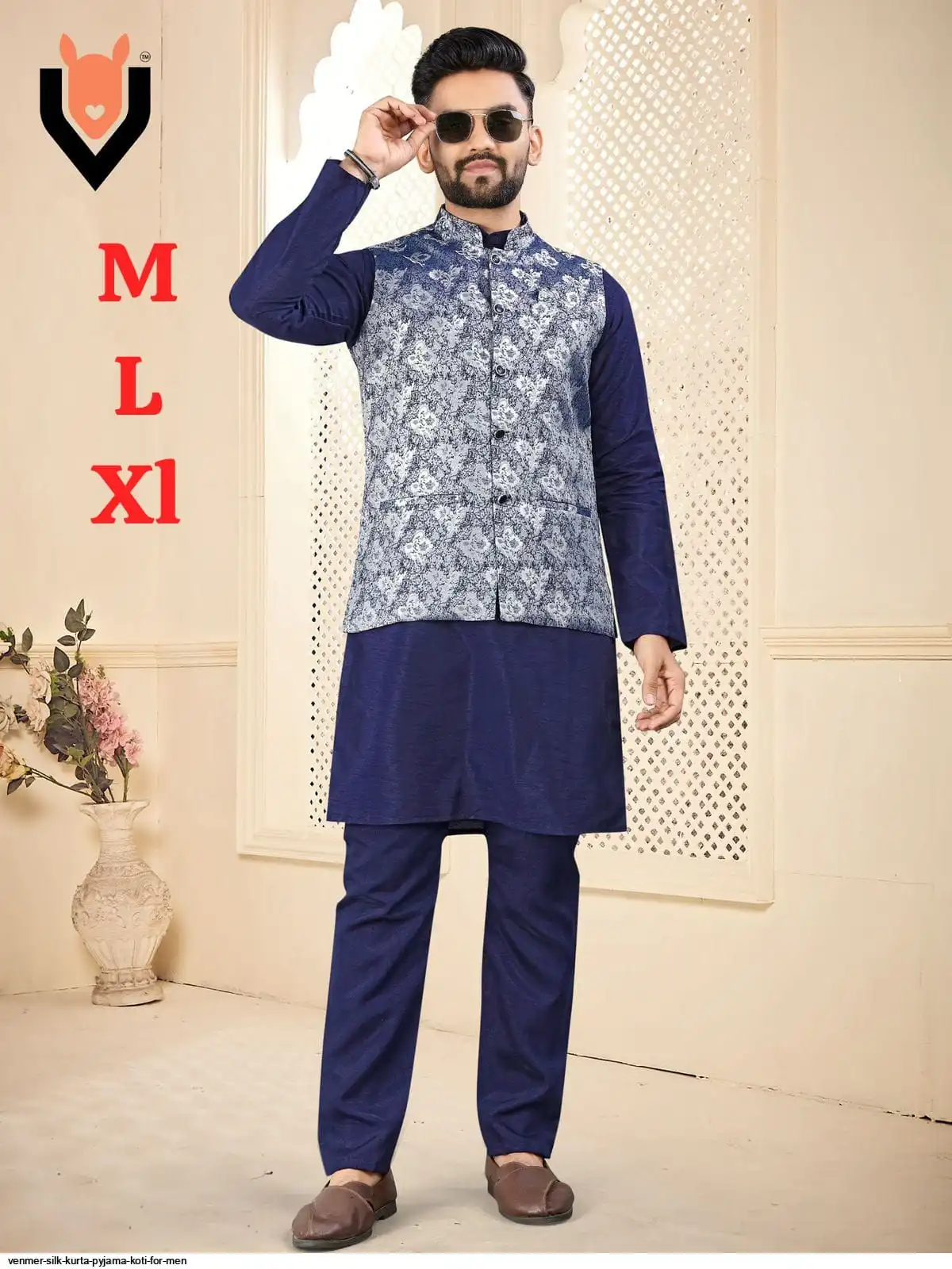 VENMER SILK KURTA PYJAMA KOTI FOR MEN I