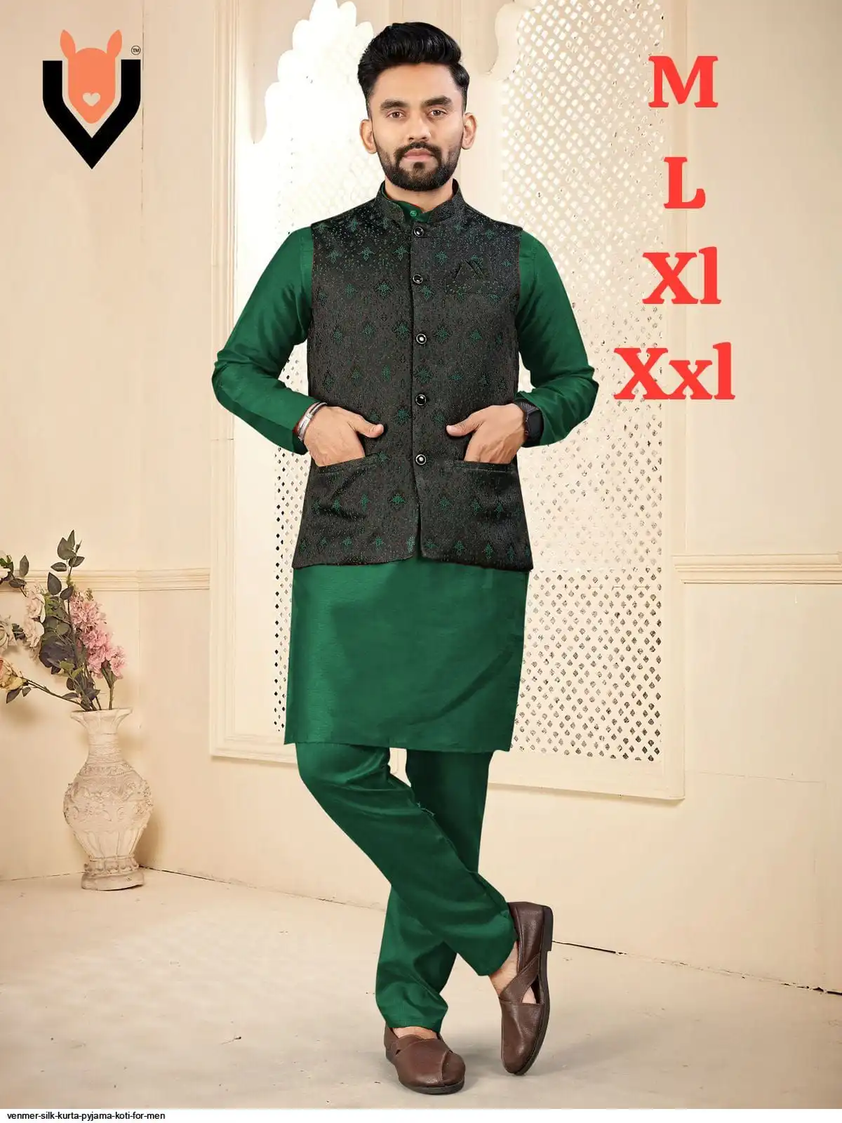 VENMER SILK KURTA PYJAMA KOTI FOR MEN J