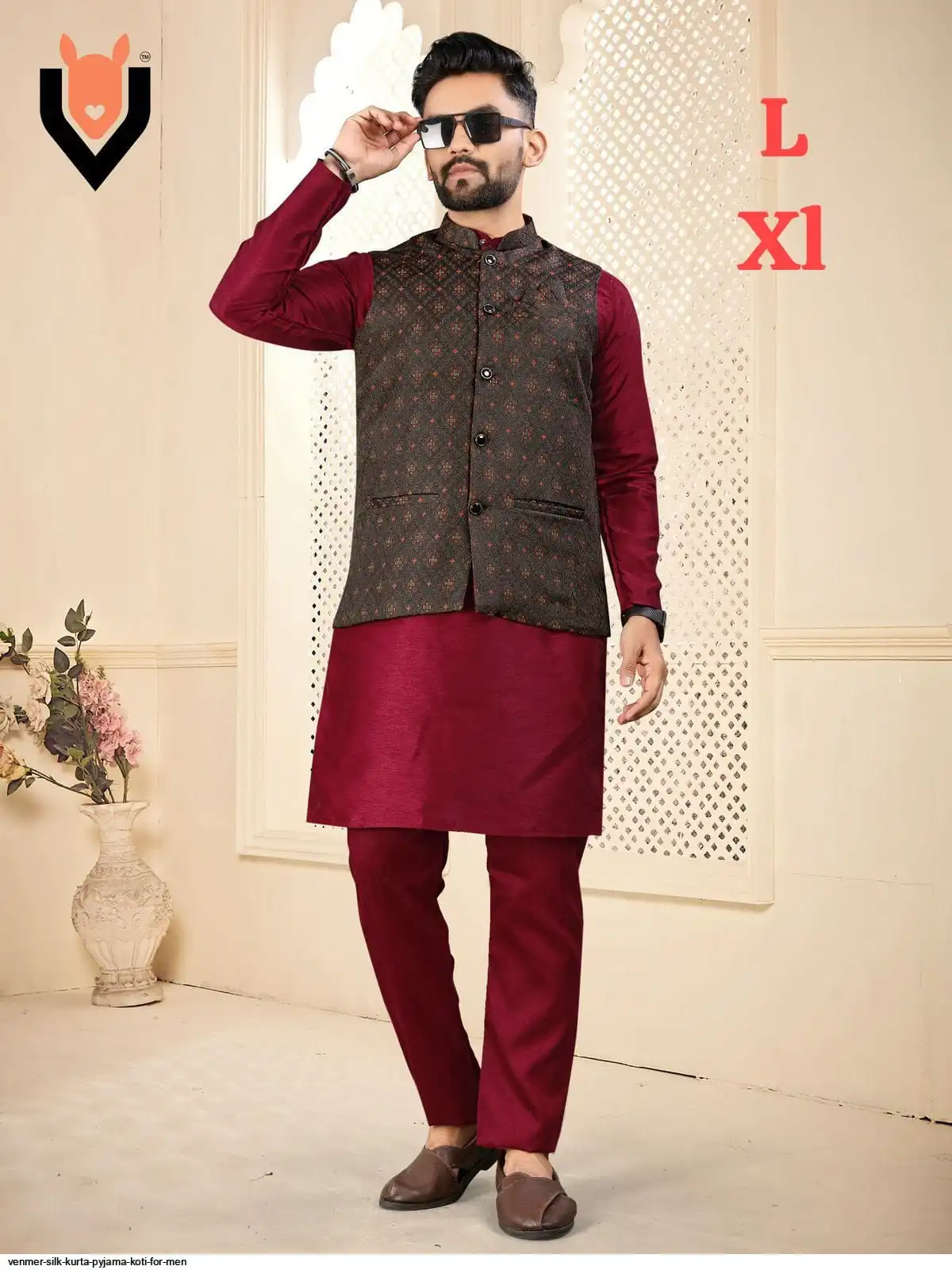 VENMER SILK KURTA PYJAMA KOTI FOR MEN K