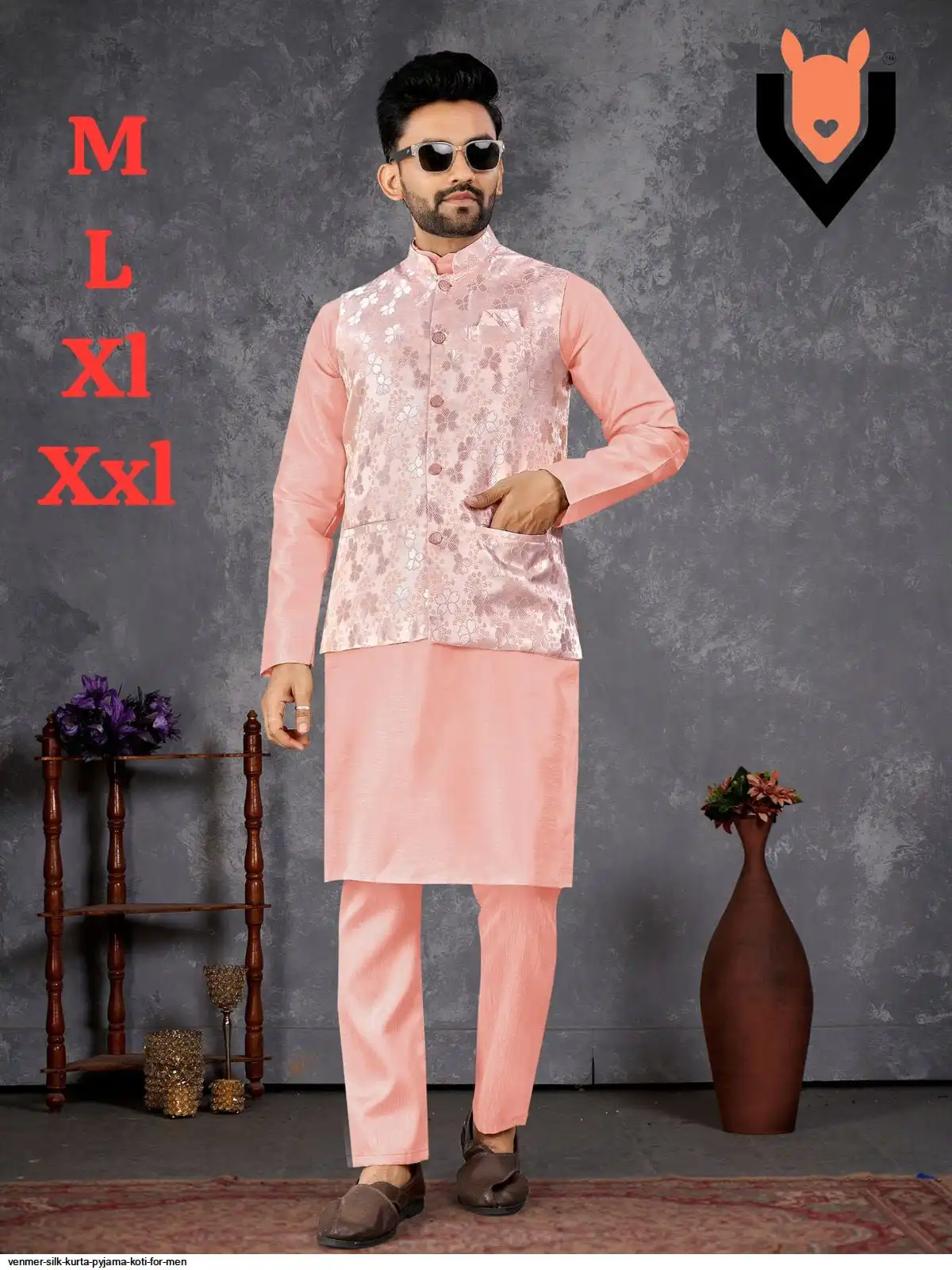 VENMER SILK KURTA PYJAMA KOTI FOR MEN L