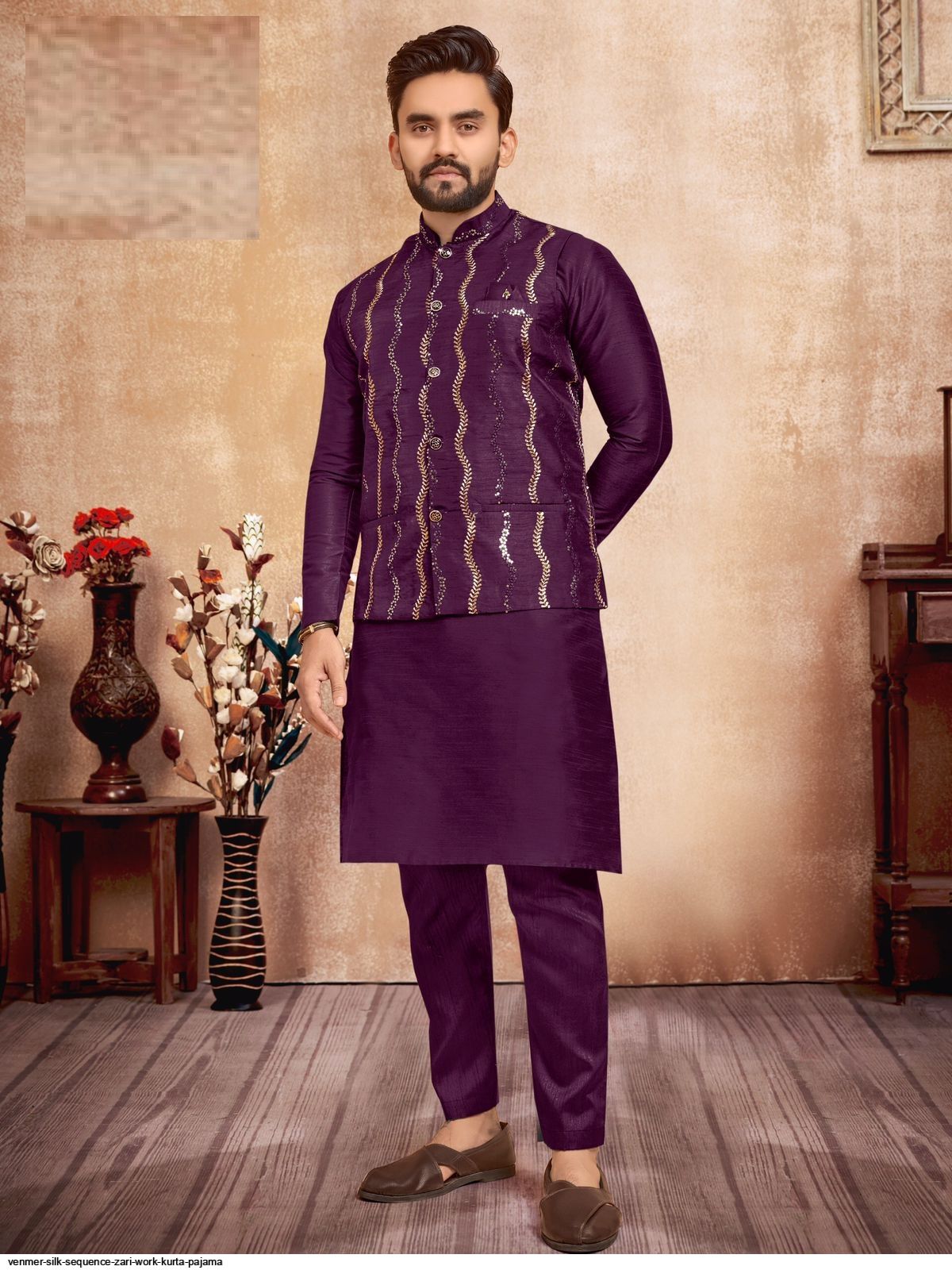 VENMER SILK SEQUENCE ZARI WORK KURTA PAJAMA C