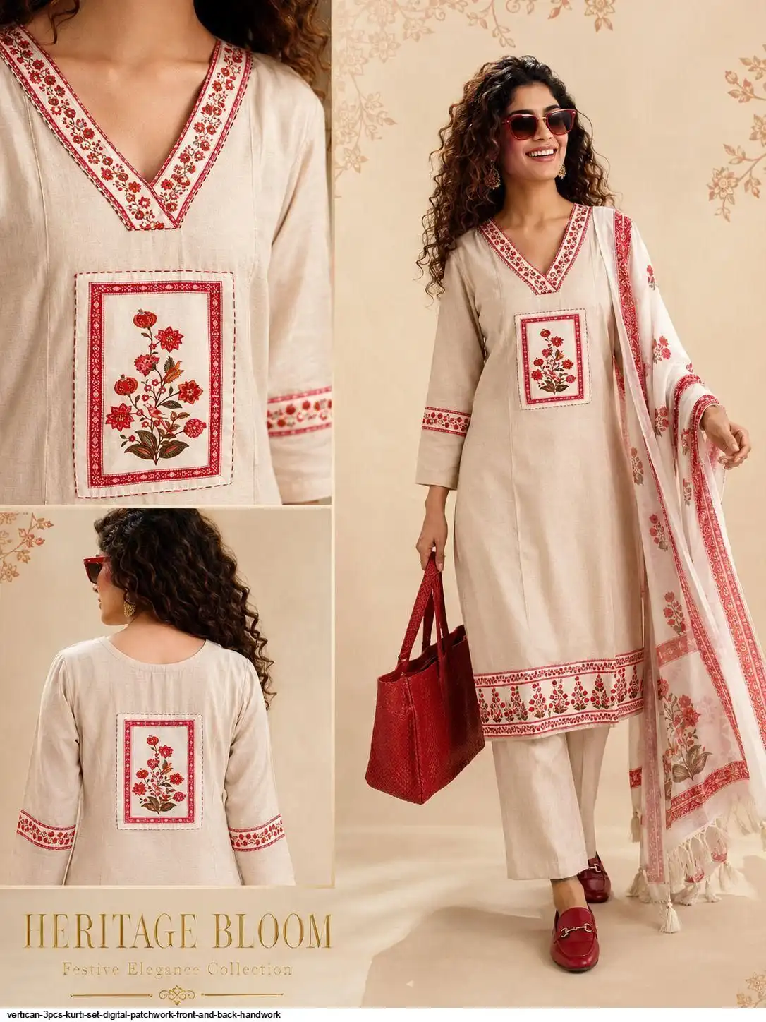 VERTICAN 3PCS KURTI SET DIGITAL PATCHWORK FRONT AND BACK HANDWORK A