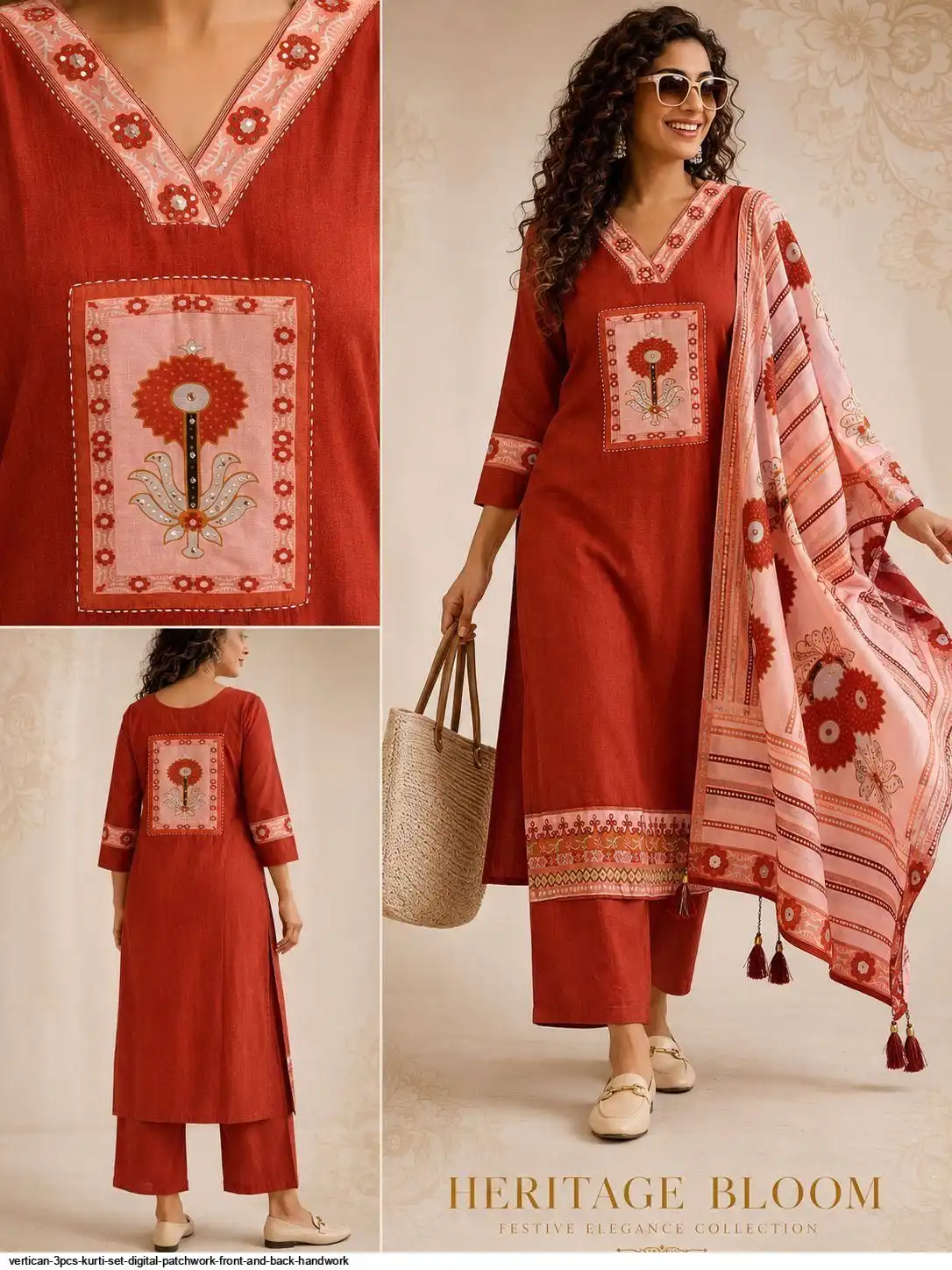 VERTICAN 3PCS KURTI SET DIGITAL PATCHWORK FRONT AND BACK HANDWORK B