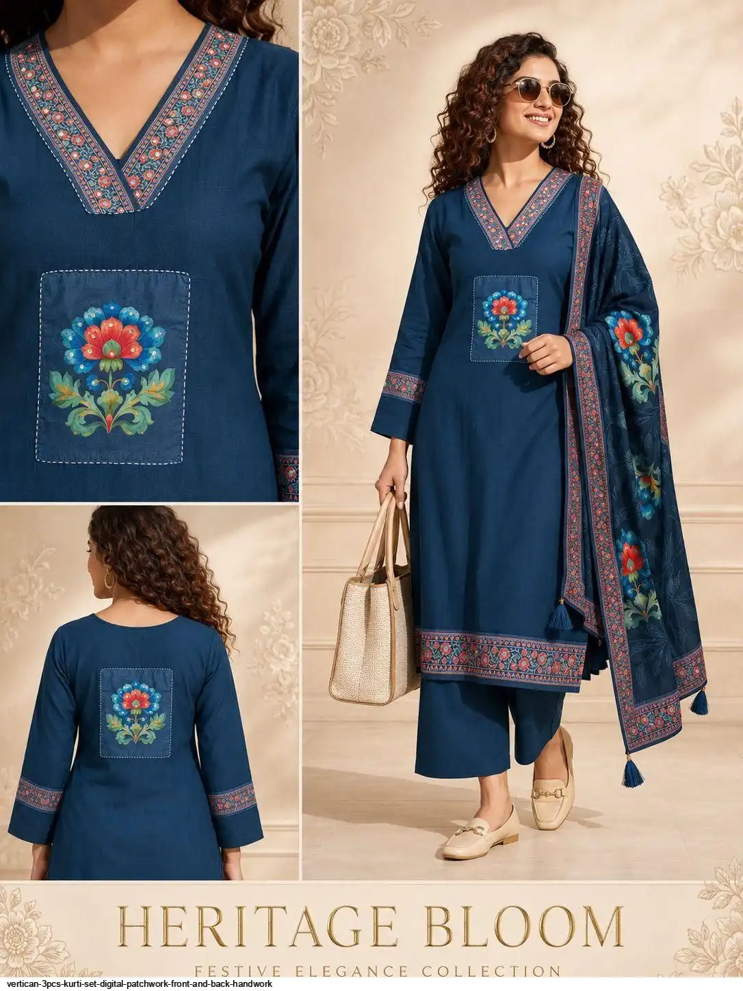 VERTICAN 3PCS KURTI SET DIGITAL PATCHWORK FRONT AND BACK HANDWORK D