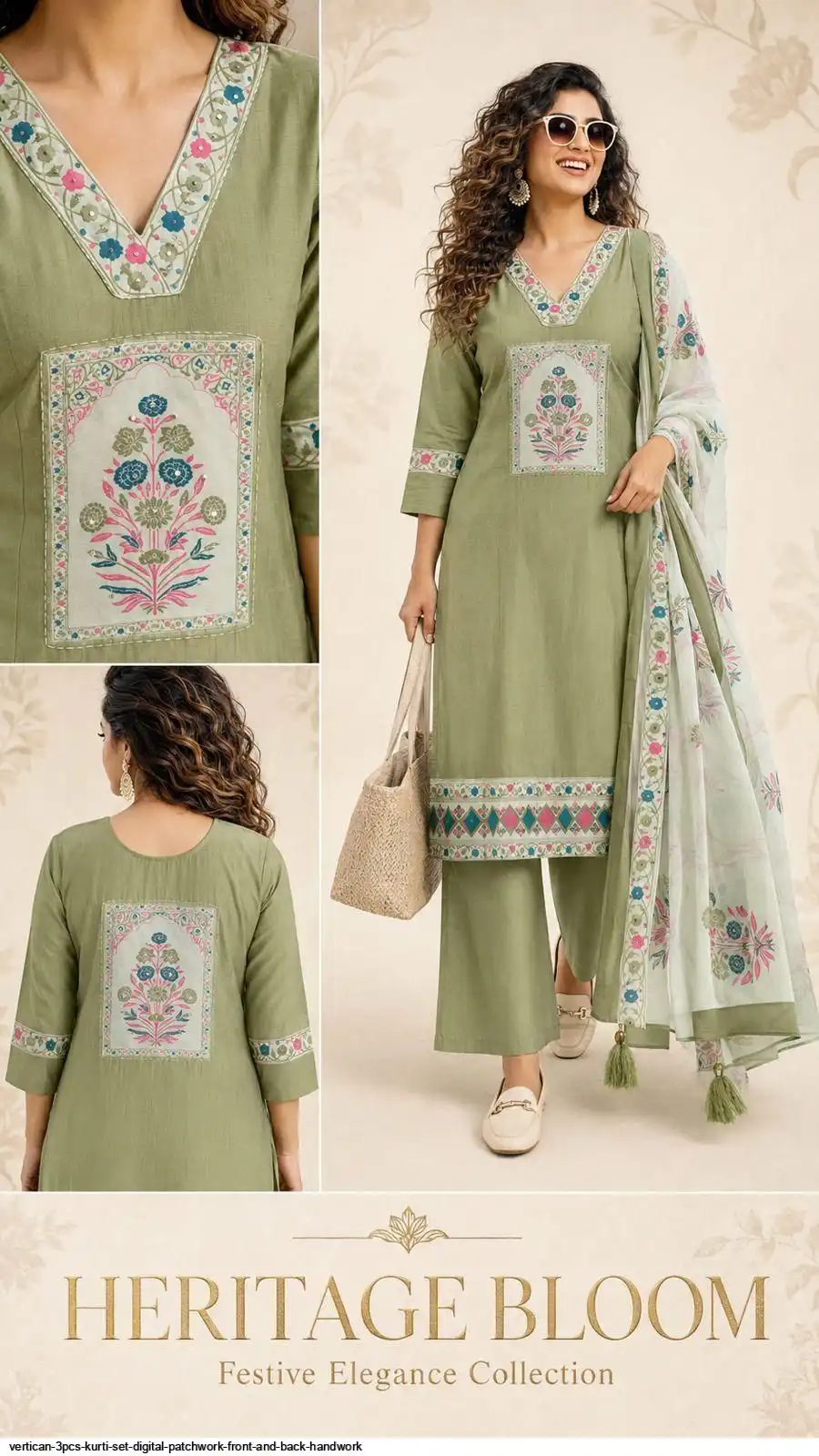 VERTICAN 3PCS KURTI SET DIGITAL PATCHWORK FRONT AND BACK HANDWORK C