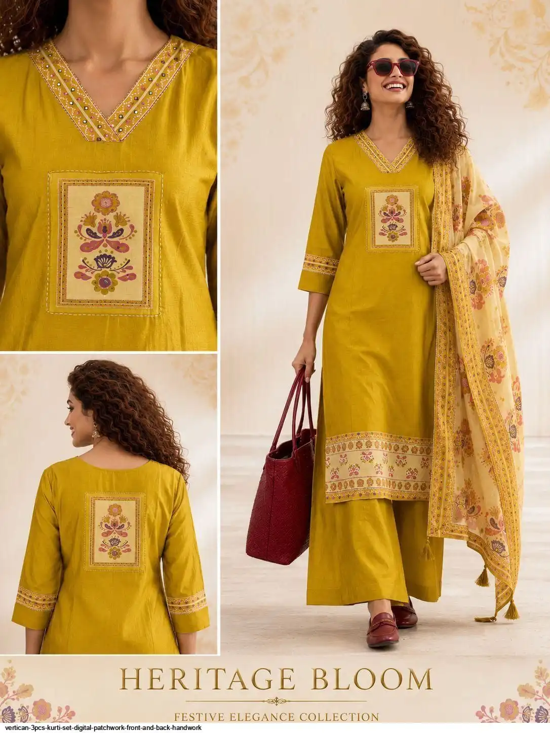 VERTICAN 3PCS KURTI SET DIGITAL PATCHWORK FRONT AND BACK HANDWORK E