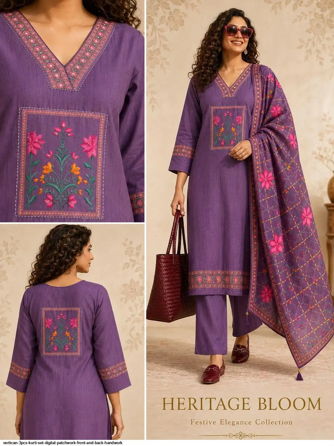 VERTICAN 3PCS KURTI SET DIGITAL PATCHWORK FRONT AND BACK HANDWORK G