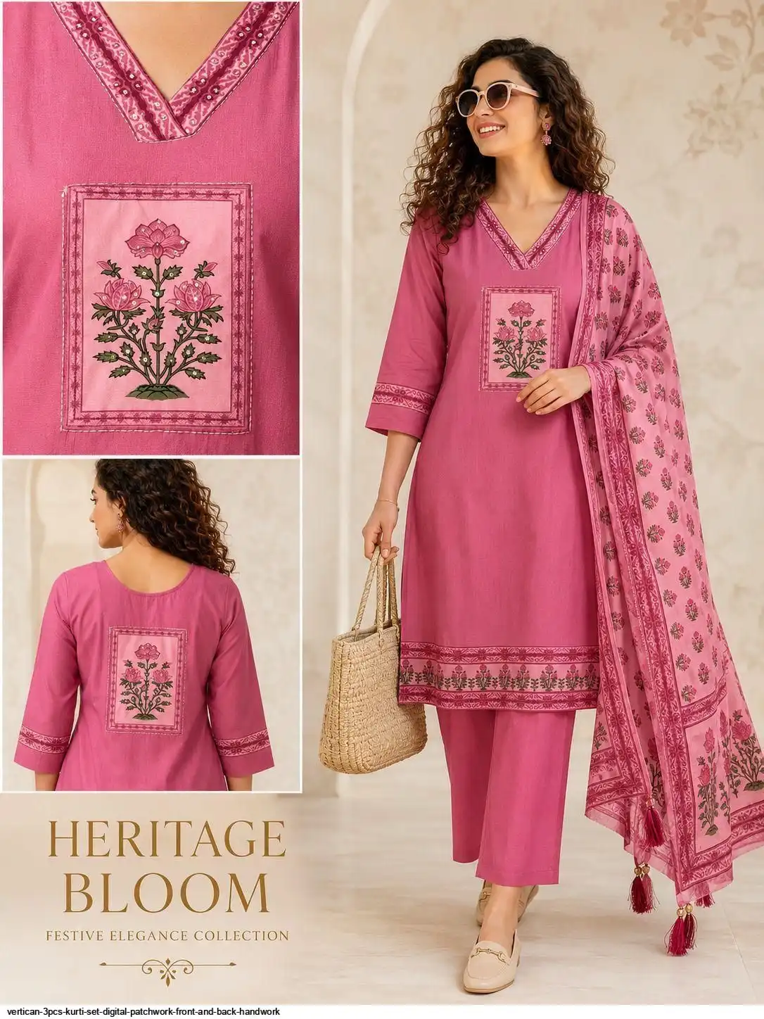 VERTICAN 3PCS KURTI SET DIGITAL PATCHWORK FRONT AND BACK HANDWORK F