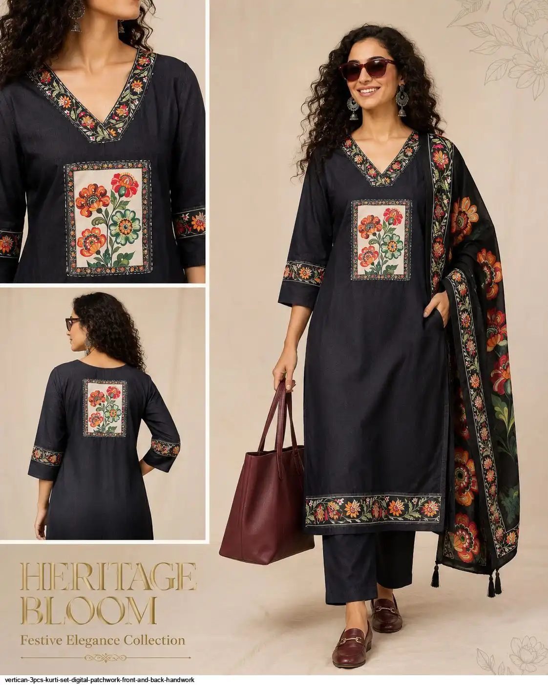 VERTICAN 3PCS KURTI SET DIGITAL PATCHWORK FRONT AND BACK HANDWORK H