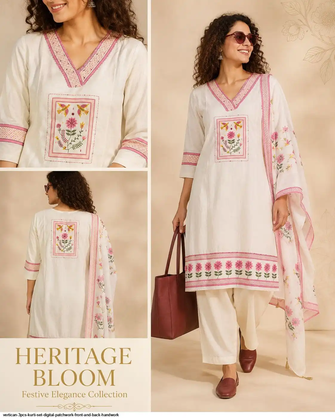 VERTICAN 3PCS KURTI SET DIGITAL PATCHWORK FRONT AND BACK HANDWORK I