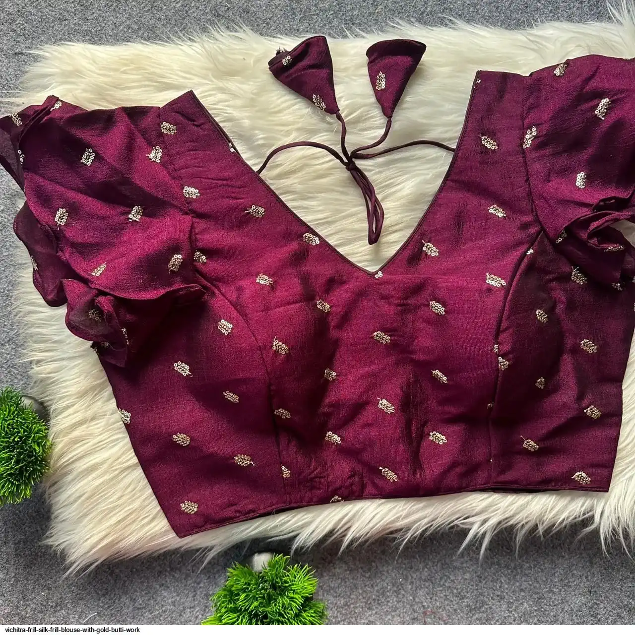 VICHITRA FRILL SILK FRILL BLOUSE WITH GOLD BUTTI WORK L