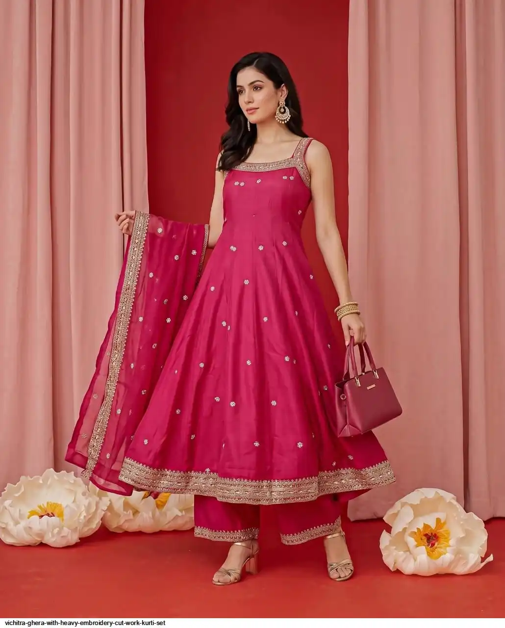 VICHITRA GHERA WITH HEAVY EMBROIDERY CUT WORK KURTI SET D