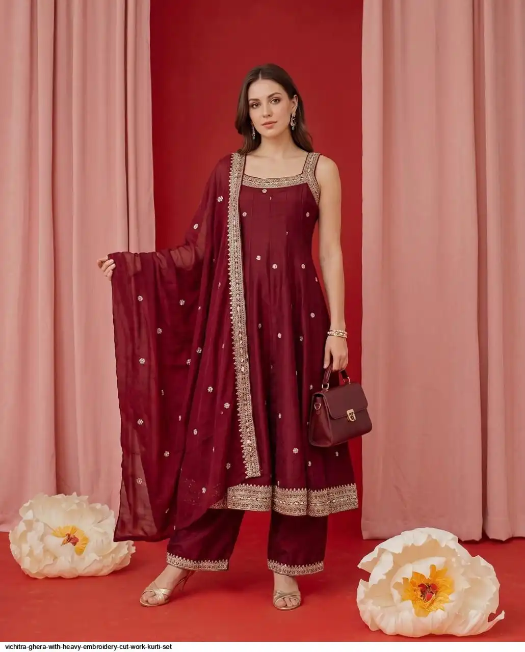 VICHITRA GHERA WITH HEAVY EMBROIDERY CUT WORK KURTI SET B