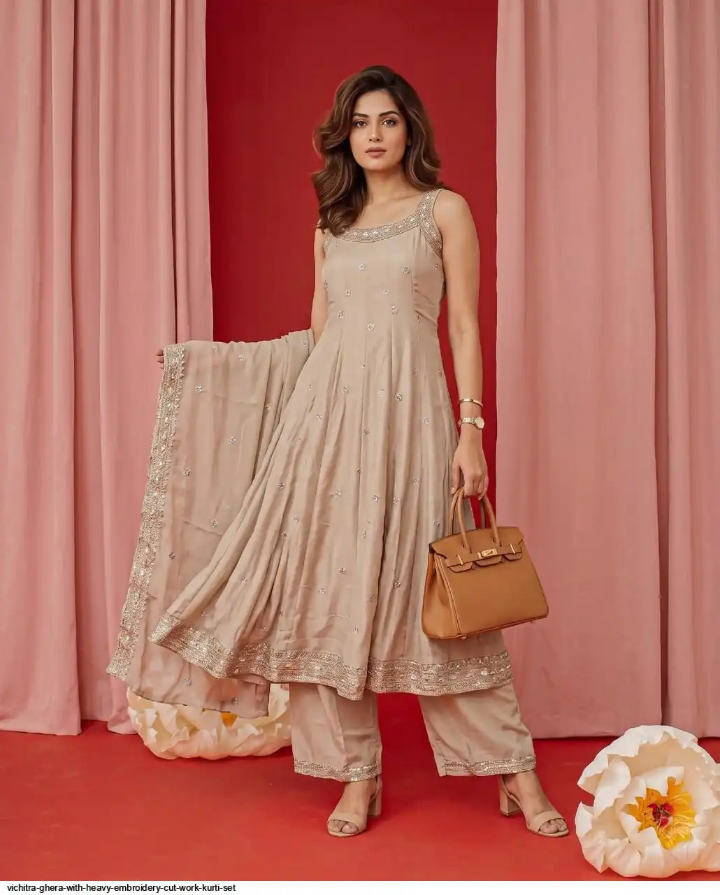 VICHITRA GHERA WITH HEAVY EMBROIDERY CUT WORK KURTI SET C