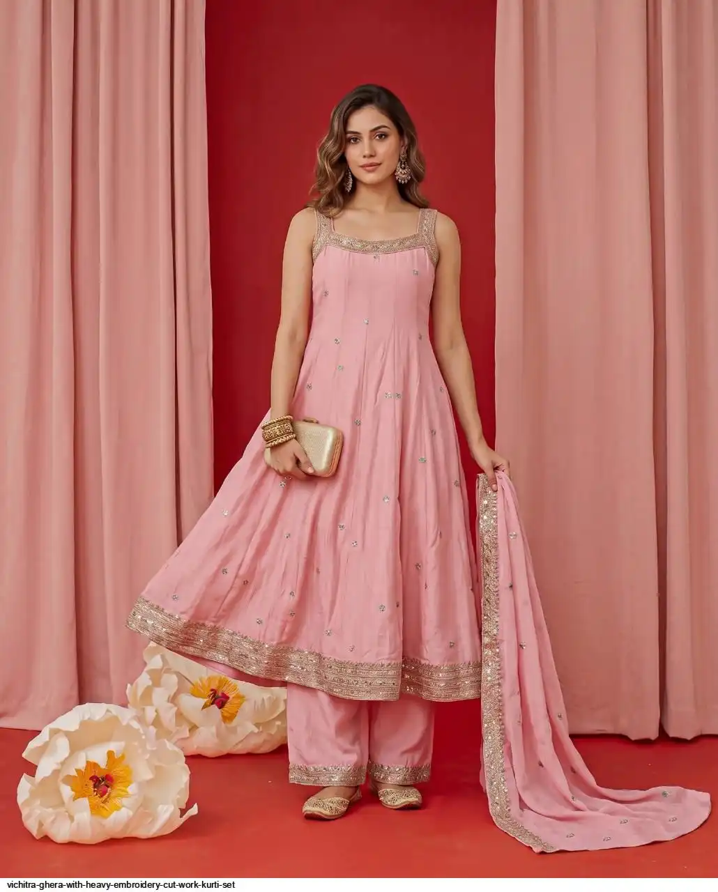 VICHITRA GHERA WITH HEAVY EMBROIDERY CUT WORK KURTI SET A