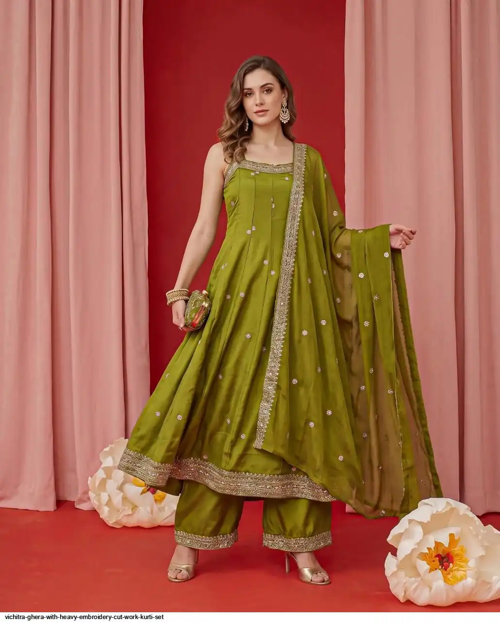 VICHITRA GHERA WITH HEAVY EMBROIDERY CUT WORK KURTI SET F