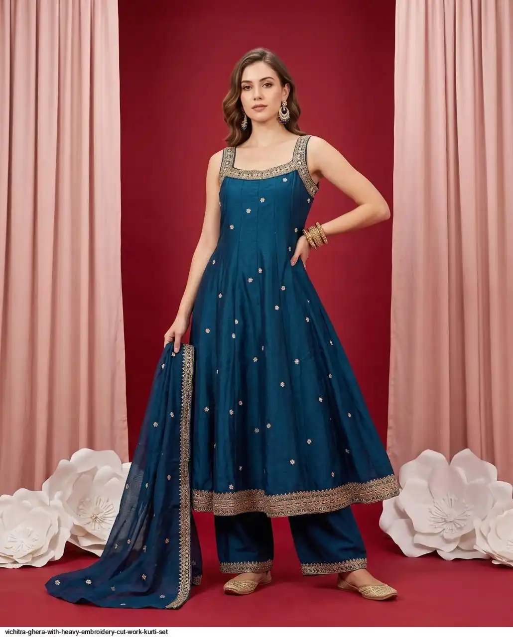VICHITRA GHERA WITH HEAVY EMBROIDERY CUT WORK KURTI SET E