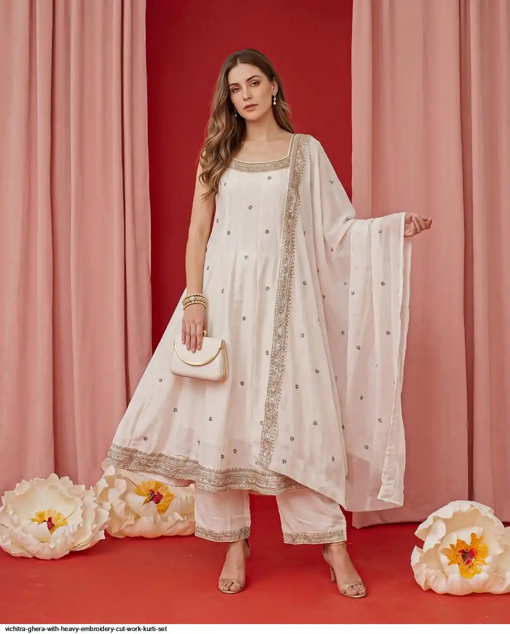 VICHITRA GHERA WITH HEAVY EMBROIDERY CUT WORK KURTI SET G