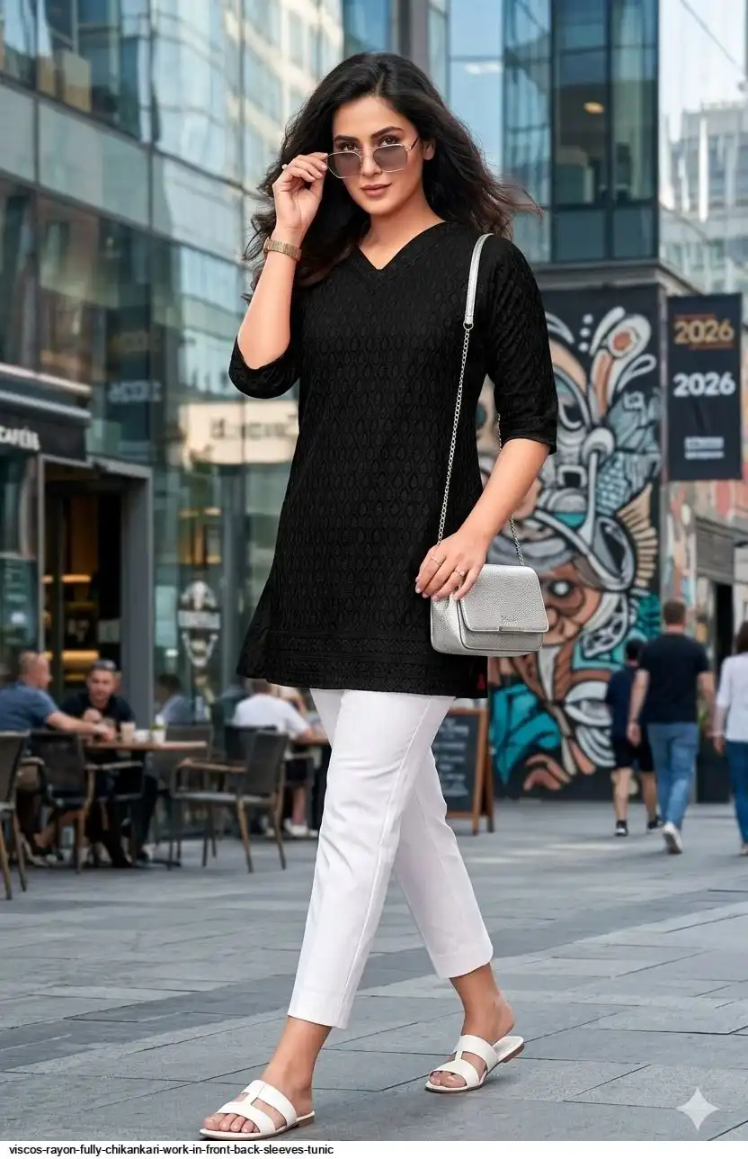 VISCOS RAYON FULLY CHIKANKARI WORK IN FRONT BACK SLEEVES TUNIC E