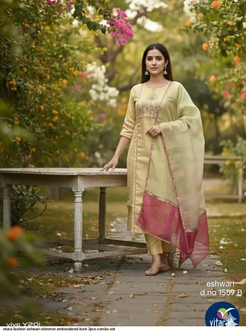 VITARA FASHION ESHWARI SHIMMER EMBROIDERED KURTI 3PCS COMBO SET A