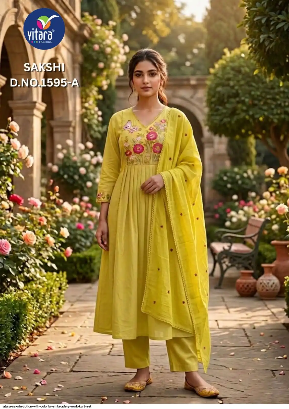 VITARA SAKSHI COTTON WITH COLORFUL EMBROIDERY WORK KURTI SET A