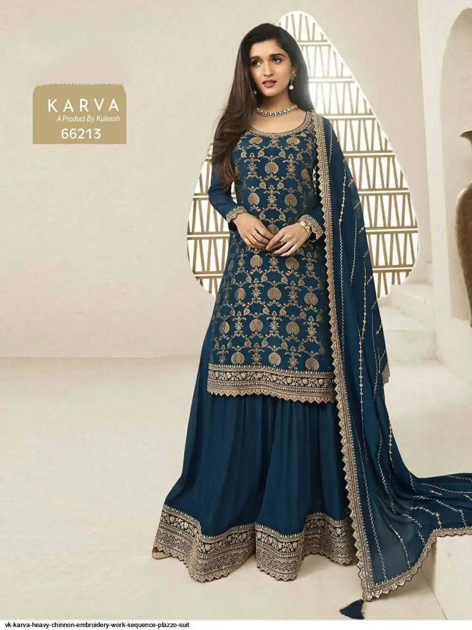 VK KARVA HEAVY CHINNON EMBROIDERY WORK SEQUENCE PLAZZO SUIT 66213