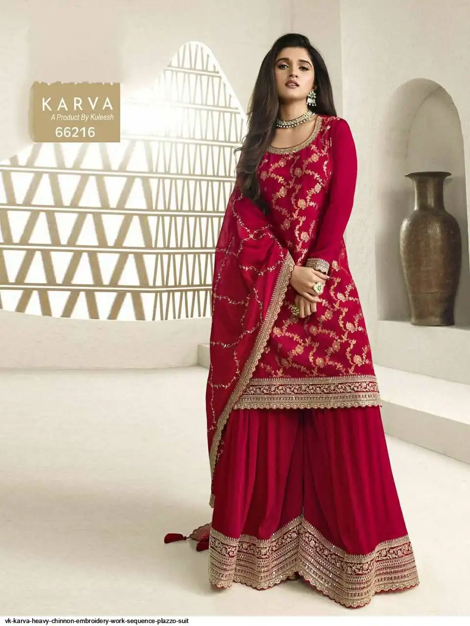 VK KARVA HEAVY CHINNON EMBROIDERY WORK SEQUENCE PLAZZO SUIT 66216