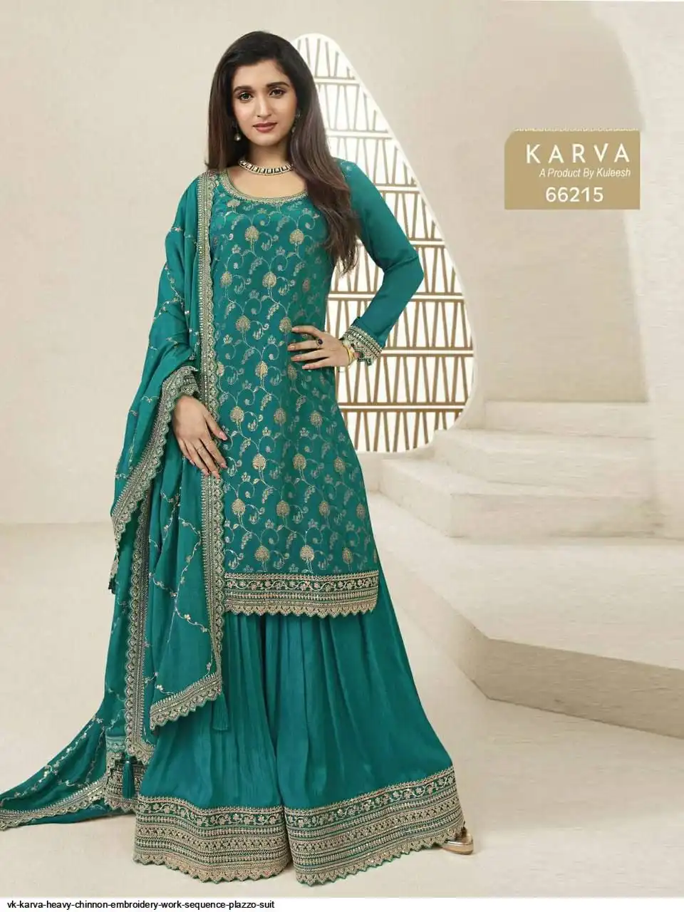 VK KARVA HEAVY CHINNON EMBROIDERY WORK SEQUENCE PLAZZO SUIT 66215