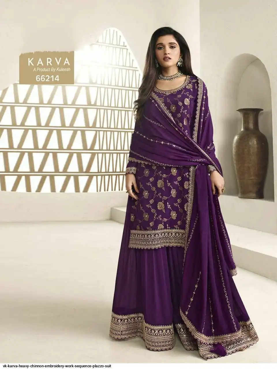 VK KARVA HEAVY CHINNON EMBROIDERY WORK SEQUENCE PLAZZO SUIT 66214
