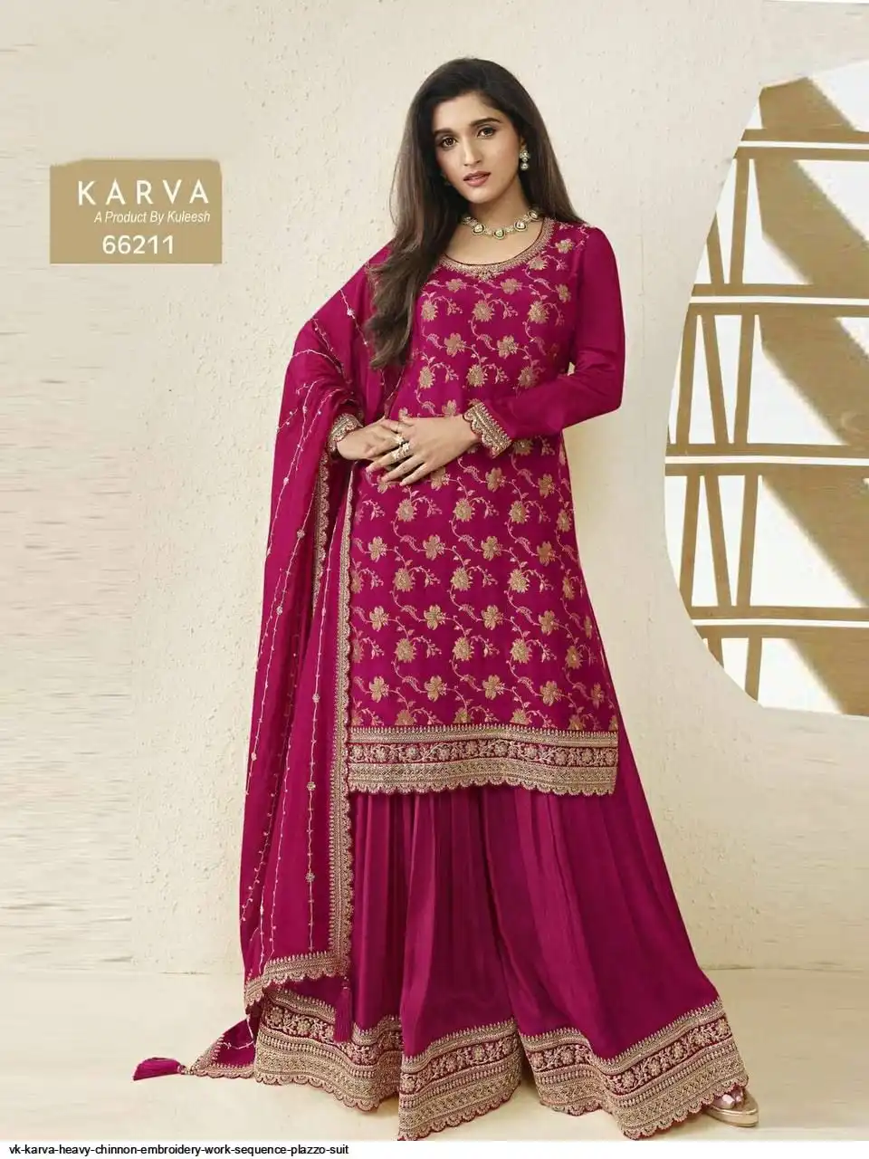 VK KARVA HEAVY CHINNON EMBROIDERY WORK SEQUENCE PLAZZO SUIT 66211