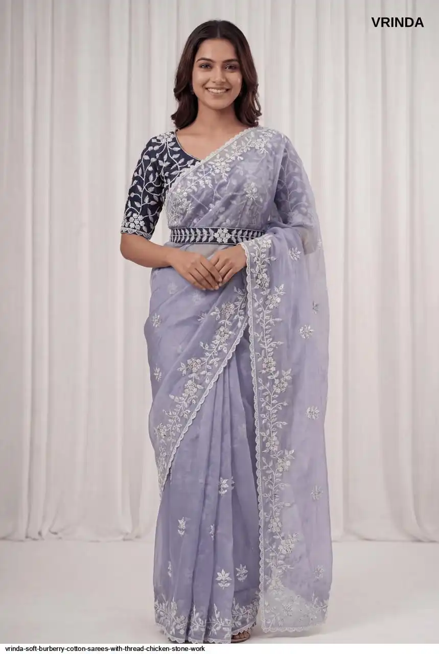 VRINDA SOFT BURBERRY COTTON SAREES WITH THREAD CHICKEN STONE WORK A