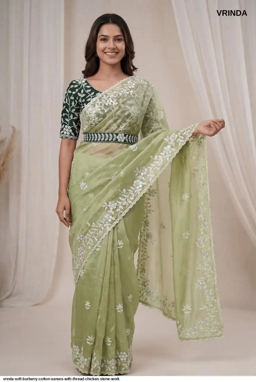 VRINDA SOFT BURBERRY COTTON SAREES WITH THREAD CHICKEN STONE WORK B