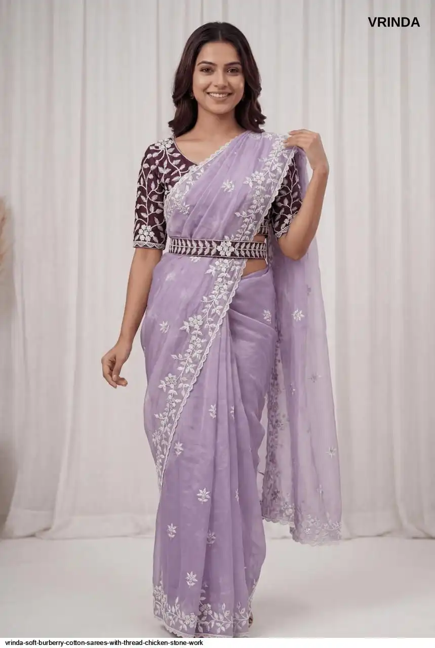 VRINDA SOFT BURBERRY COTTON SAREES WITH THREAD CHICKEN STONE WORK E