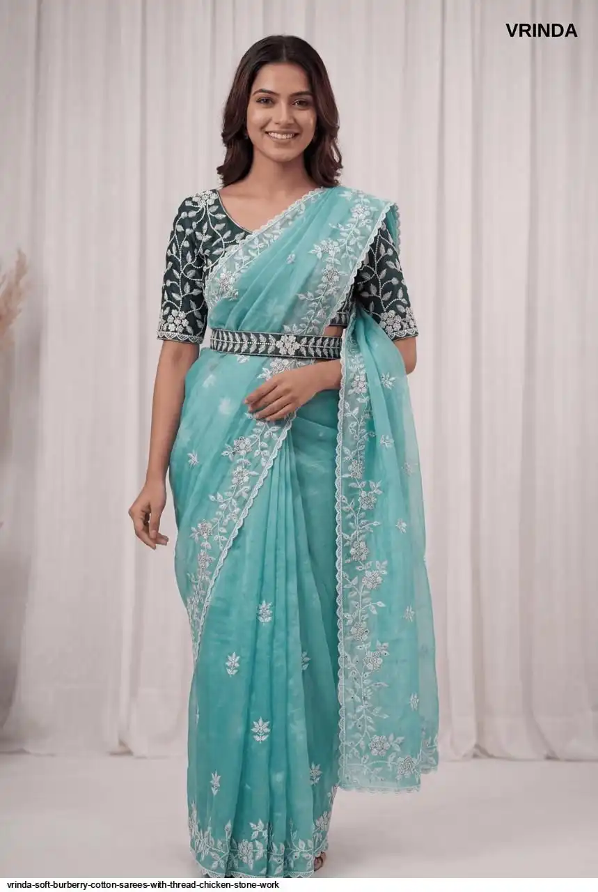 VRINDA SOFT BURBERRY COTTON SAREES WITH THREAD CHICKEN STONE WORK C