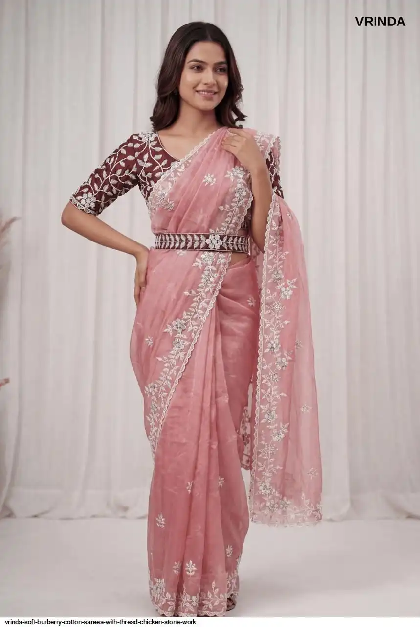 VRINDA SOFT BURBERRY COTTON SAREES WITH THREAD CHICKEN STONE WORK D