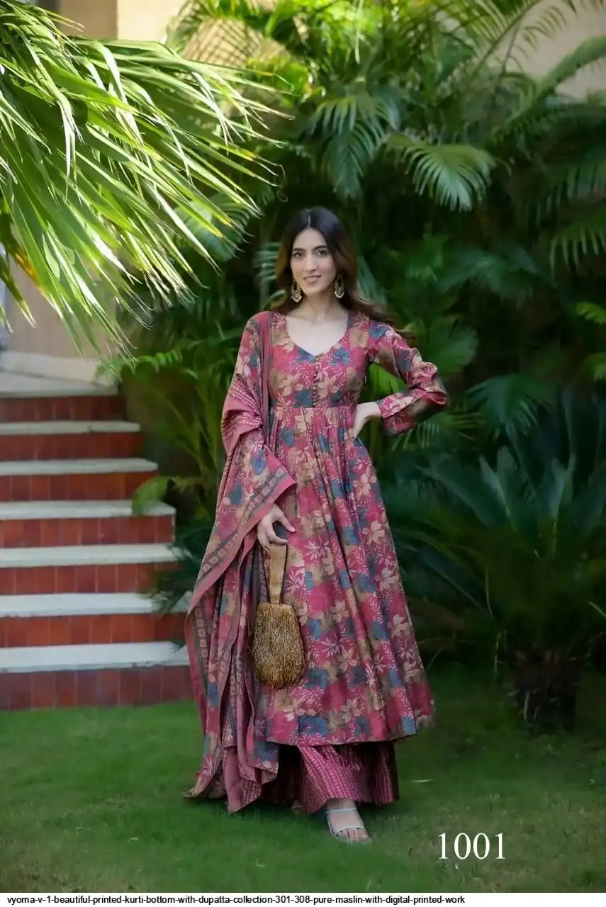 VYOMA V 1 BEAUTIFUL PRINTED KURTI BOTTOM WITH DUPATTA COLLECTION 301 308 PURE MASLIN WITH DIGITAL PRINTED WORK 1