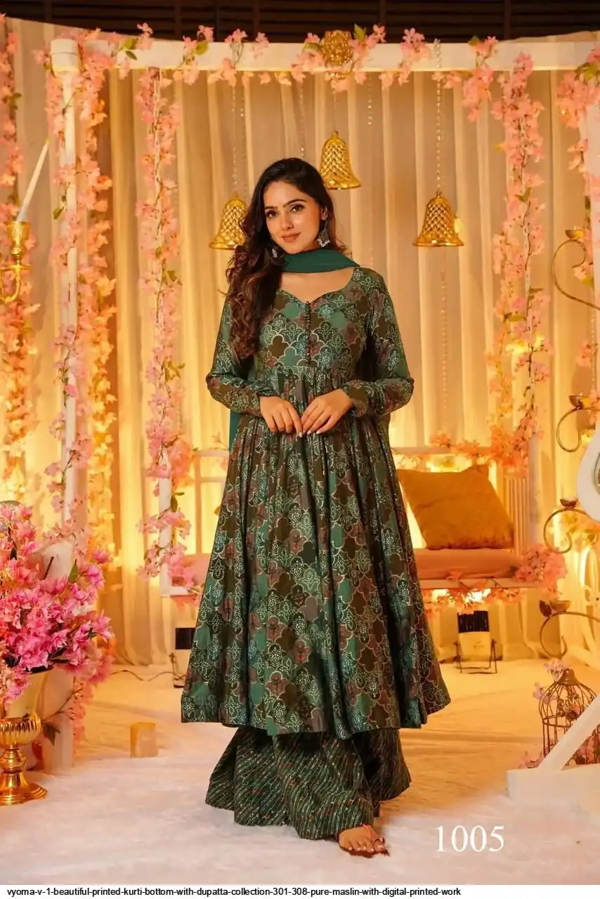 VYOMA V 1 BEAUTIFUL PRINTED KURTI BOTTOM WITH DUPATTA COLLECTION 301 308 PURE MASLIN WITH DIGITAL PRINTED WORK 5