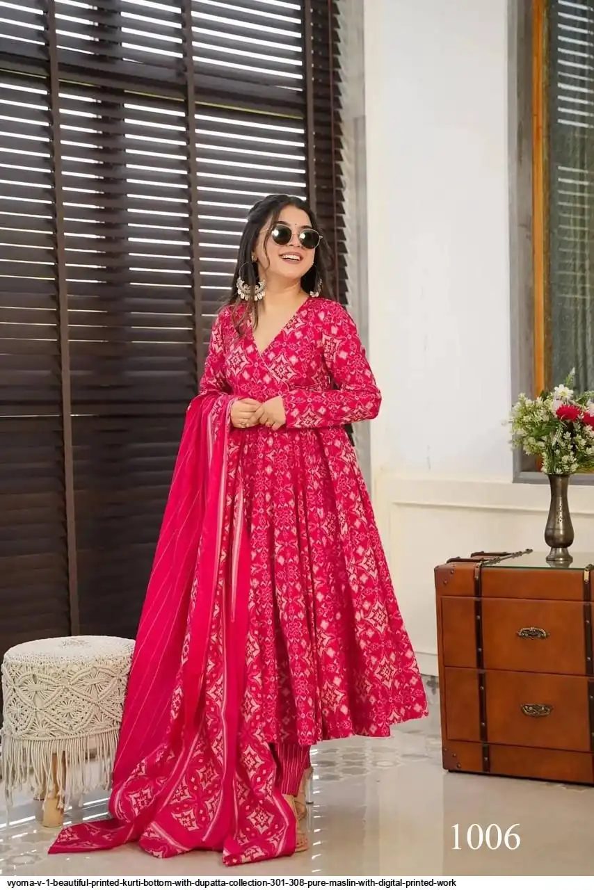 VYOMA V 1 BEAUTIFUL PRINTED KURTI BOTTOM WITH DUPATTA COLLECTION 301 308 PURE MASLIN WITH DIGITAL PRINTED WORK 6