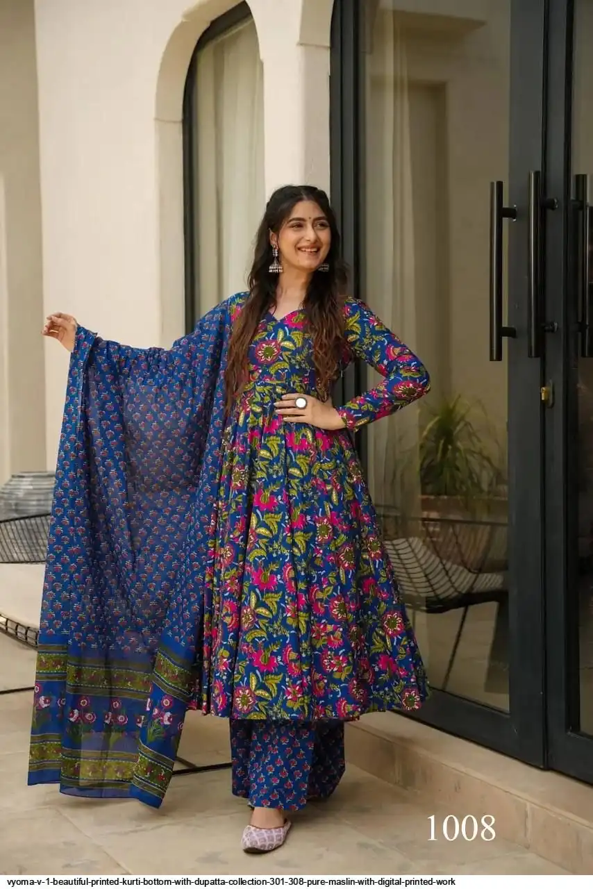 VYOMA V 1 BEAUTIFUL PRINTED KURTI BOTTOM WITH DUPATTA COLLECTION 301 308 PURE MASLIN WITH DIGITAL PRINTED WORK 8