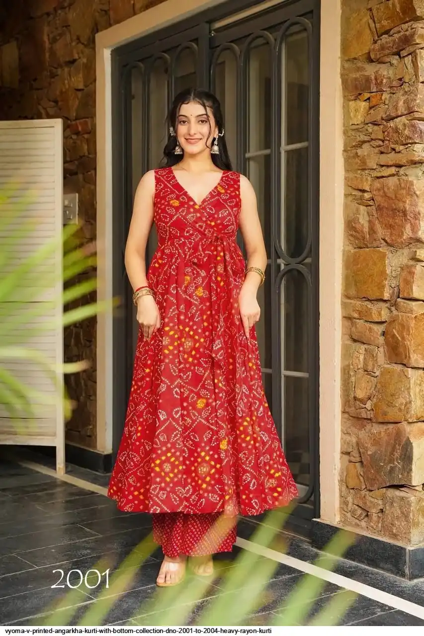 VYOMA V PRINTED ANGARKHA KURTI WITH BOTTOM COLLECTION DNO 2001 TO 2004 HEAVY RAYON KURTI 1