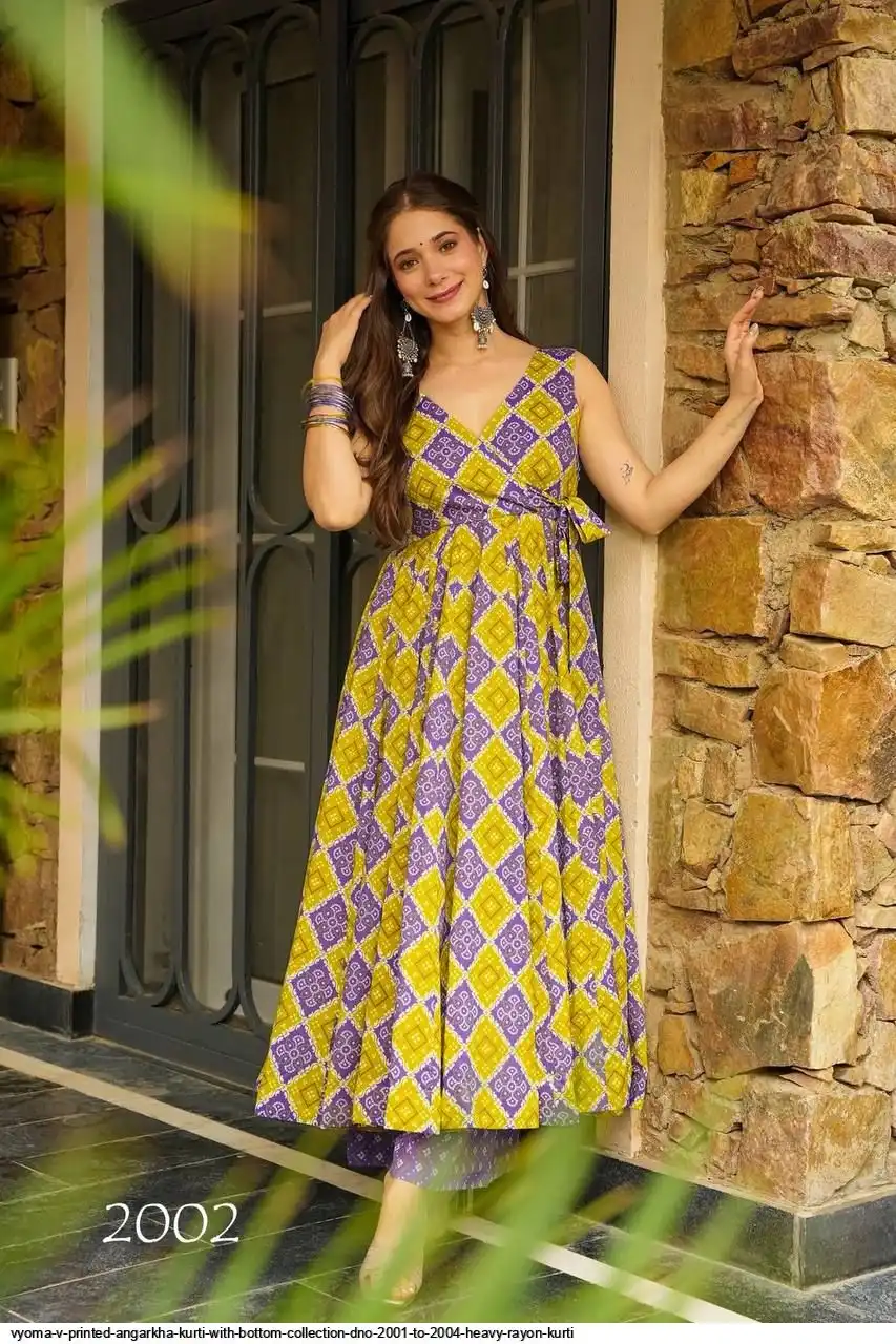 VYOMA V PRINTED ANGARKHA KURTI WITH BOTTOM COLLECTION DNO 2001 TO 2004 HEAVY RAYON KURTI 2